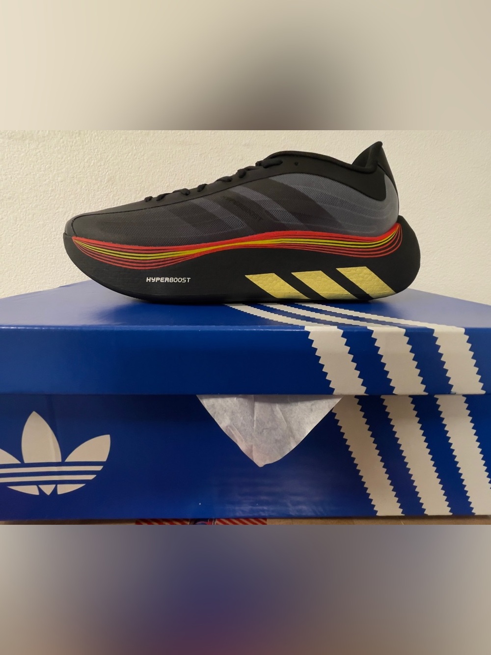 adidas Hyperboost Racing Shoe - Black with Red & Yellow Stripes